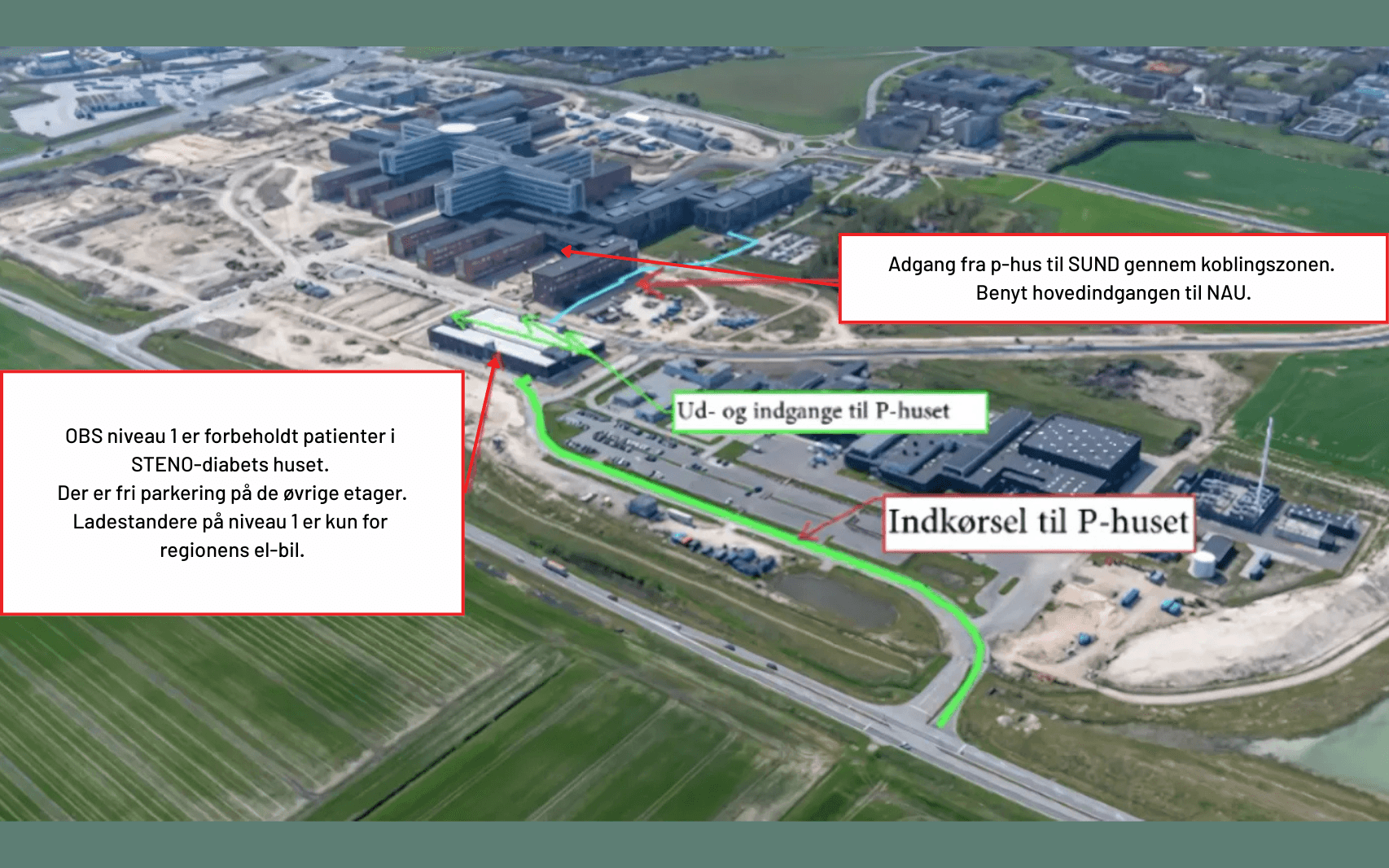 Oversigt over parkering i parkeringshuset ved STENO diabetescenter fra Hadsund Landevej